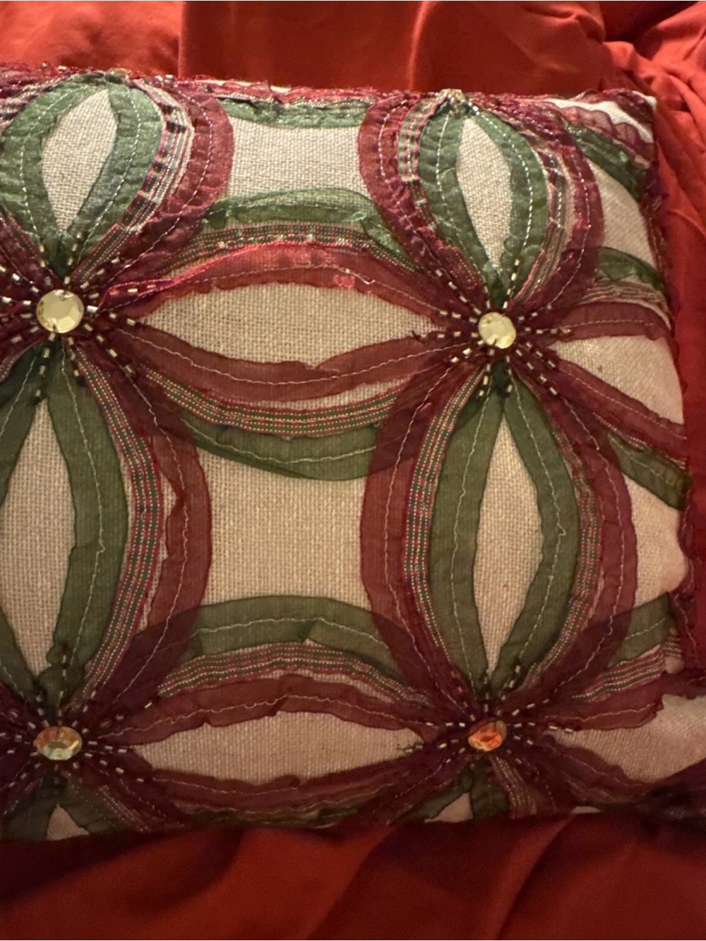 Pier 1 Imports Beaded Chiffon Ribbon Lumbar Pillow Red Green Gold Rhinestone - Picture 4 of 7